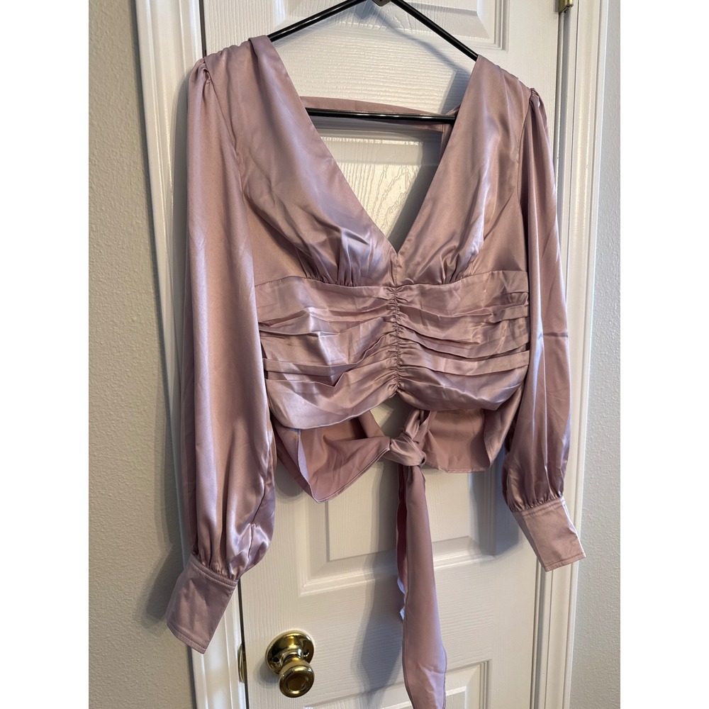 Bebe Puff Sleeve Top Mauve Pink Ruched Tie Back Crop Blouse 6 NEW